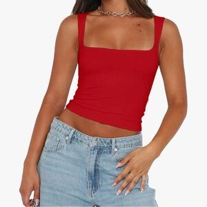 Abardsion, Fitted Crop Square Neck Sleeveless Red Tank Top Sz S
